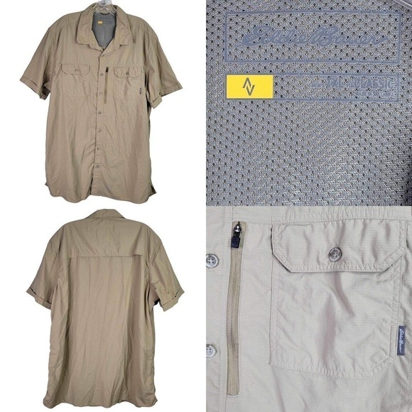 Eddie Bauer Travex Men's Button Down Shirt Size XLT Tall Khaki Beige SS Nylon - Picture 1 of 12